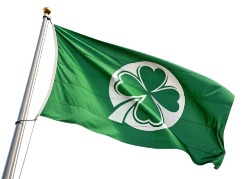 Green flag featuring a large shamrock, elegantly displayed on a transparent background, symbolizing Irish culture. - Powered by Adobe