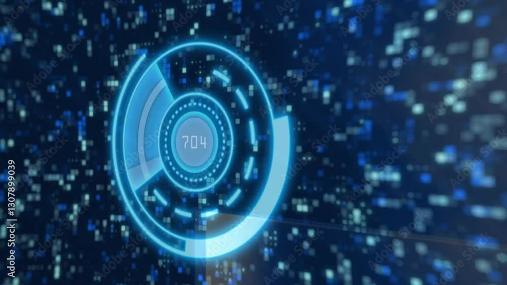 Poster circular progress animation over pixelated background in futuristic digital interface