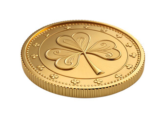 Fototapeta premium Close-up of St. Patrick's Day gold coins featuring intricate shamrock designs, set against a transparent background.