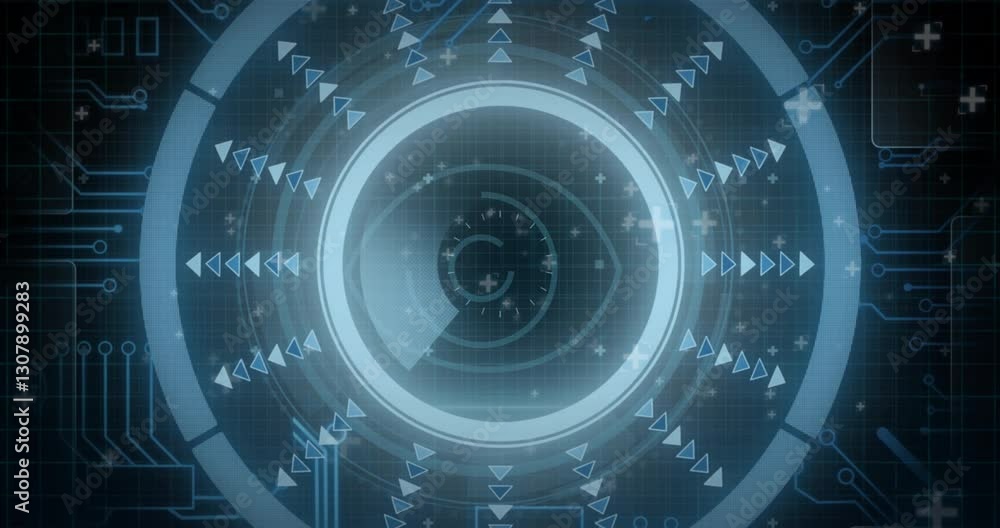 Poster rotating geometric shapes and circular patterns in digital animation interface