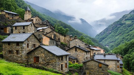 Fototapeta premium Secluded mountain village with traditional stone houses supporting cultural tourism.