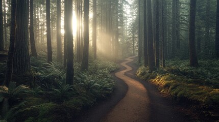 Naklejka premium Serene hiking trail winding through a dense forest with sunlight filtering through.
