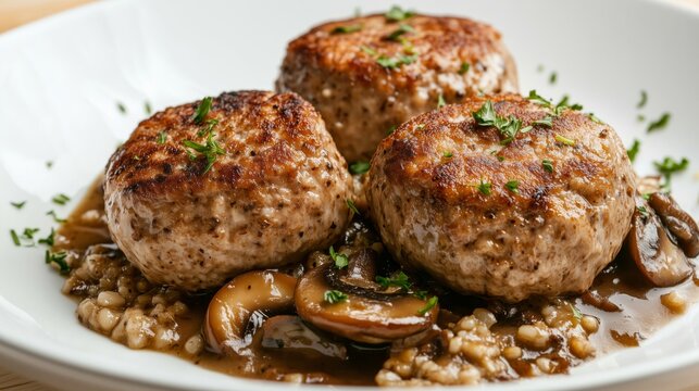 Frikadellen mit J&auml;gersauce. Pilze und Kr&auml;uter umgeben das Hacksteak.