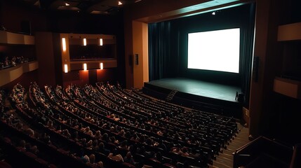 Naklejka premium Audience in a Dark Theater Watching a Blank Screen: A Cinematic Mood