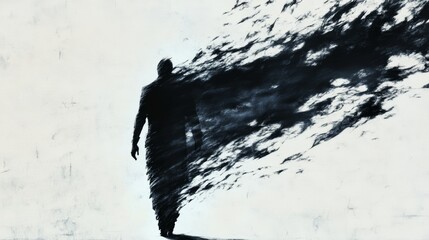 A solitary figure walks away, leaving a trail of dark, abstract energy in their wake. A monochrome masterpiece.
