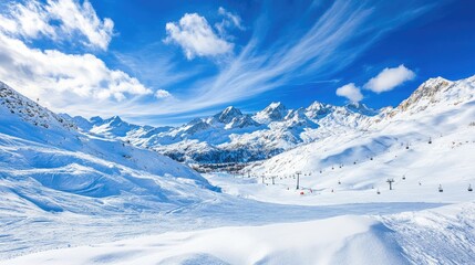 Obraz premium Snow-covered ski resort with well-groomed slopes and ski lifts stretching into the mountains.