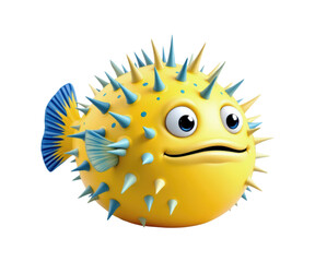 Fototapeta premium Cute Cartoon Yellow Pufferfish with Blue Spikes and Expressive Eyes in 3D Animation Style Character Design Isolated on Transparent and White Background