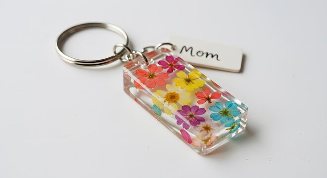 Colorful pressed flower resin keychain mothers day gift mom cute love craft small women girls floral - Powered by Adobe