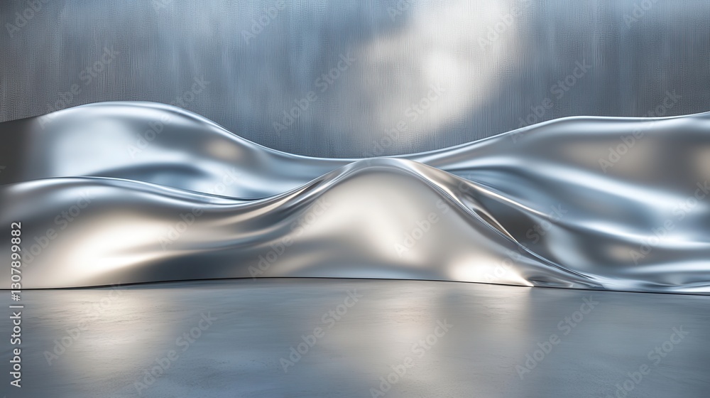 Poster a smooth silver abstract backdrop with sweeping curves of blue and white, illuminated by shifting li