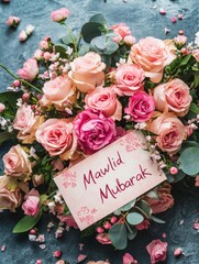 Elegant Roses Bouquet with ,Mawlid Mubarak, Greeting Card for Celebrations