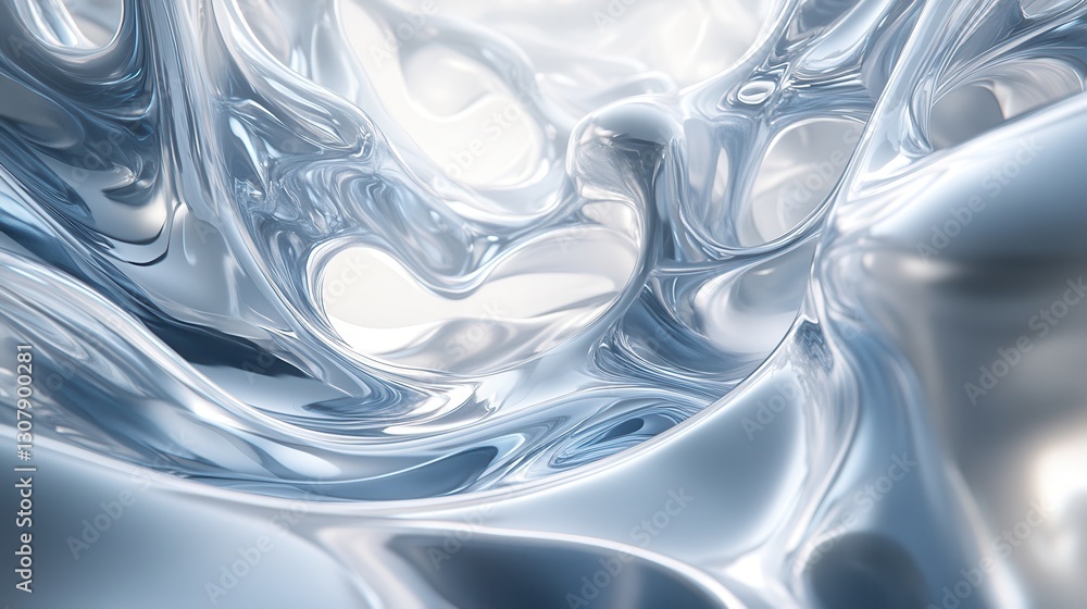 Poster an abstract silver background with flowing blue and white curves, illuminated by light and shadow, c