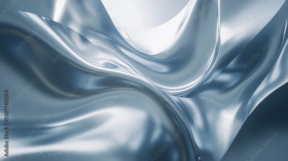 Aufkleber an abstract silver background with flowing blue and white curves, illuminated by light and shadow, c
