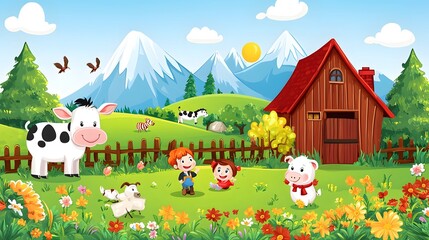 Picturesque farm with various animals roaming freely and a traditional barn set against a beautiful landscape