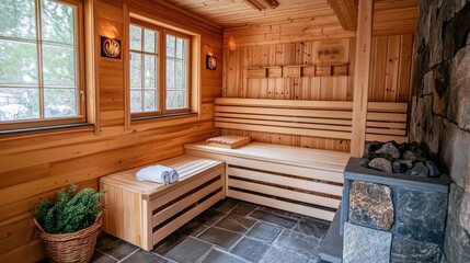 Traditional Finnish sauna with wooden benches, hot stones, and eucalyptus scent.