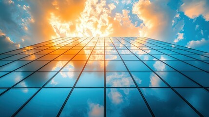 Building's glass reflecting sunset clouds and sky, urban architectural abstraction