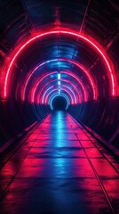 Vibrant neon tunnel illuminated by pink and blue lights creates a surreal viewpoint in an underground setting