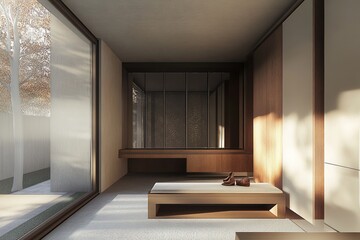 Fototapeta premium Modern Minimalist Room Interior Design with Wooden Furniture and Natural Light