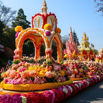 Magnificent parade float featuring a beautiful horse and a rider dressed in traditional attire celebrating a festivity
