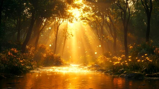 Warm golden sunlight streaming through dense forest with glowing river reflections. Seamless looping 4K time-lapse animation video background