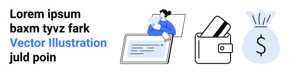 Business professional using a tablet, wallet with credit card, money bag icon. Ideal for finance, banking, business strategy, online transactions, investment savings budget planning. Landing page