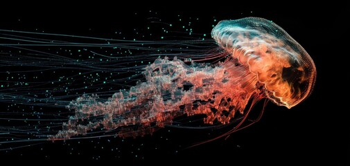 Digital Jellyfish, Abstract bioluminescent sea creature with data streams