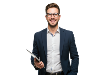 A stylish young businessman wearing a navy blue suit white dress shirt and glasses isolated on transparent background