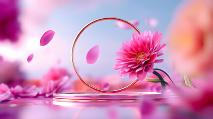 Fototapeta premium Pink And Yellow Floral Background With A Gold Circle