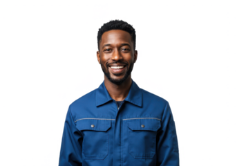 A cheerful male industrial worker with short black hair and a neatly trimmed beard isolated on transparent background
