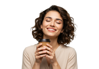 A cheerful young woman with short curly brown hair and holding a takeaway coffee cup isolated on transparent background