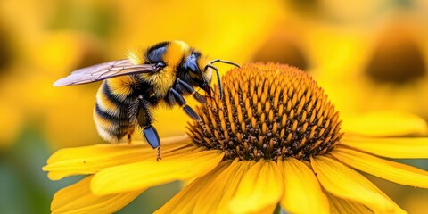 Bumblebee collects nectar from a vibrant yellow flower during a sunny day in a garden
