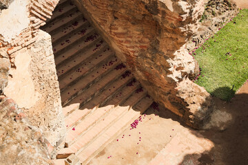 Spanish colonial steps with flower petals, in Guatemala.