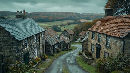 Picturesque village captured in a beautiful landscape with traditional homes and lush green surroundings