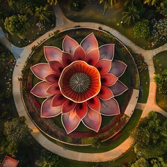 Vibrant flower blooming in a park surrounded by green grass and trees creating a colorful natural scene