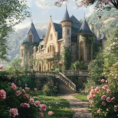 Majestic castle surrounded by lush green garden offering a scenic view of nature's beauty in full blooming splendor
