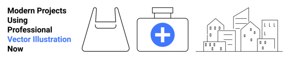Fototapeta premium Shopping bag, medical kit with a cross, urban city skyline. Ideal for sustainability, healthcare, urban planning, community awareness, e-commerce, public welfare flat landing page banner