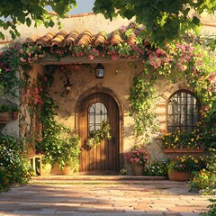 Charming house with a welcoming door surrounded by colorful flowers creating a warm and inviting atmosphere