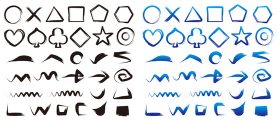 黒と青のラフな筆書き素材セット