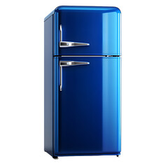 A blue refrigerator with a water dispenser on transparent background