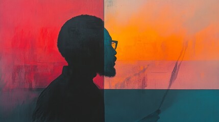 Silhouette of a Black man against a vibrant, abstract background.  A study in contrasts and color.
