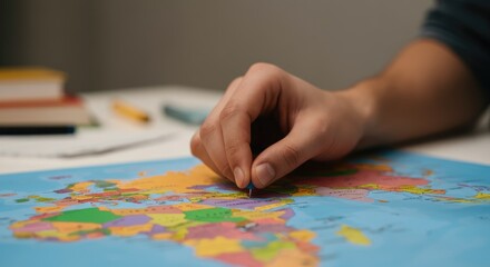 Fototapeta premium Hand places pin on map, symbolizing travel planning or marking destinations