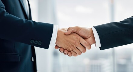 Two businesspeople shaking hands, sealing agreement, wearing suits