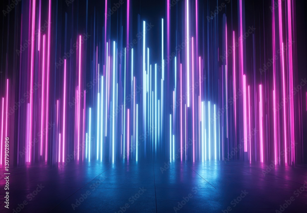 Poster bright and colorful light beams in a dark space creating an abstract neon background for technology 