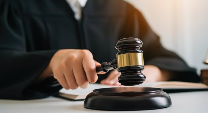 Judge in courtroom holding gavel, delivering verdict