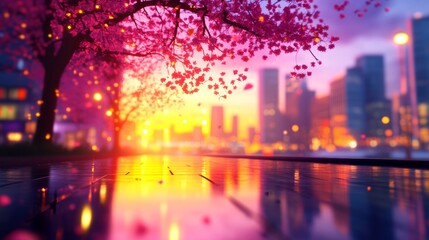 Fototapeta premium Pink blossoms fall on a city street at sunset, creating a magical, dreamy atmosphere. Warm and cool colors blend beautifully.