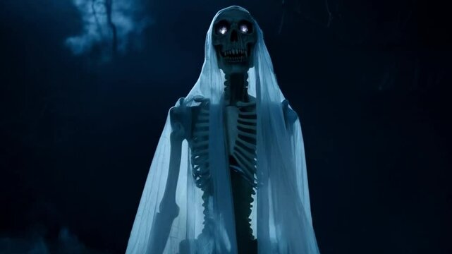 A ghostly, evil skull figure draped in a flowing white shroud hovers ominously against a dark background. Halloween Day dark devil theme