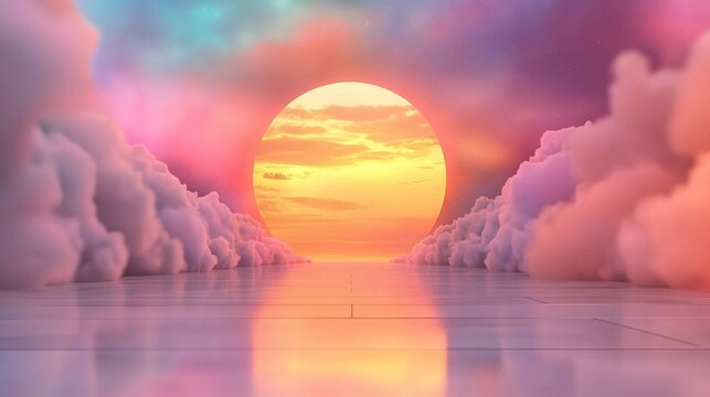 Surreal sunset landscape with pastel clouds and a circular portal. Dreamlike scenery, perfect for fantasy or spiritual themes.