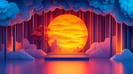 Dreamy sunset scene with stylized clouds and a platform, perfect for product display or artistic expression.