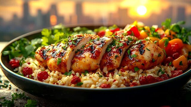 Delicious grilled chicken breast served on a plate with rice and fresh vegetables. Seamless looping 4K time-lapse animation video background