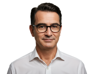 A confident middle aged man with dark neatly combed hair and stylish black glasses isolated on transparent background
