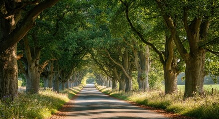 Naklejka premium Sunlit road with trees forming canopy tunnel Nature walk